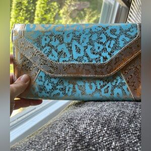 Turquoise & Gold Leopard Print Clutch
